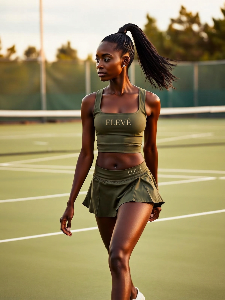 Model in Elevé olive set walking on tennis court at golden hour
